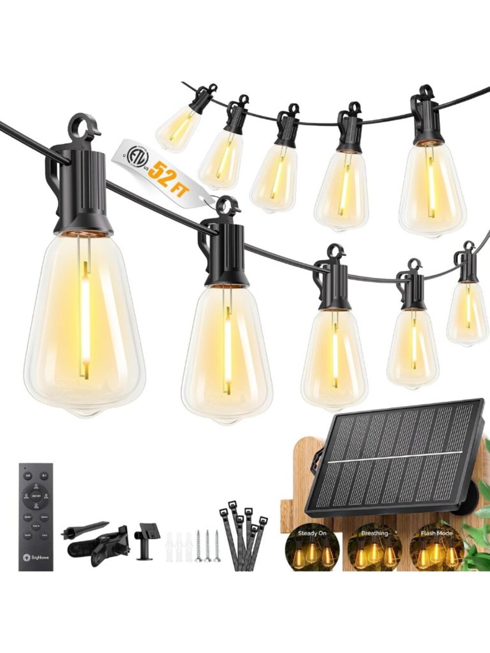 52FT Waterproof Solar String Lights for Outdoor Decor, 26Hrs Runtime, Energy